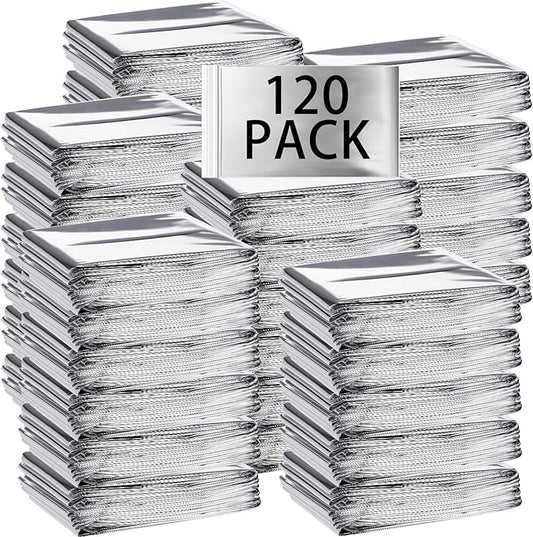 Macarrie 120 Pack Emergency Foil Thermal Blankets Silver Foil Survival Blanket Space Blanket Survival Kit for Outdoors, Camping, Hiking, Homeless, Survival or First Aid, Silver
