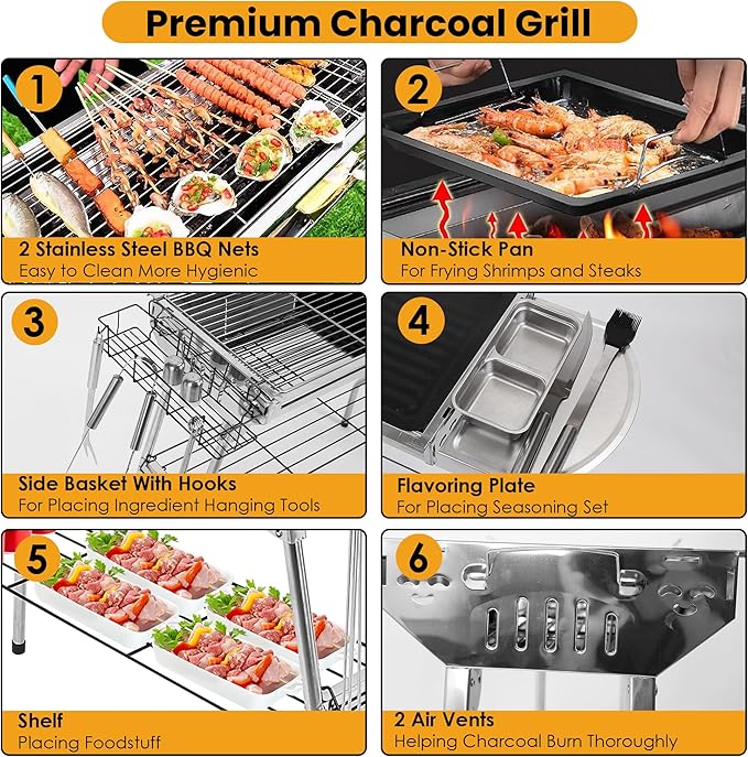 Portable Charcoal Grill, Large Stainless Steel Folding BBQ Grill with Storage Shelf, Foldable Barbecue Grill for Outdoor Cooking Camping Hiking Backyard Garden Picnic Parties Kabob (39x13.4x28 Inch)