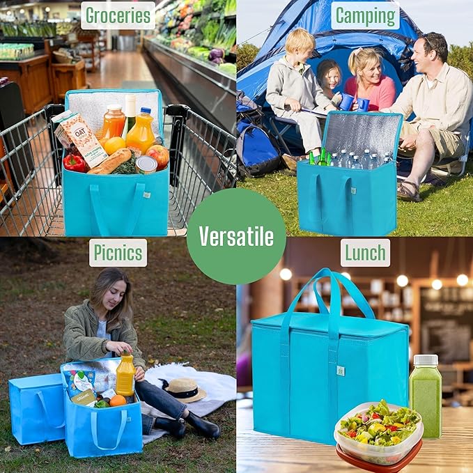 VENO 3 Pack Cooler Bag and Insulated Grocery Bags for Food Delivery, Collapsible Cooler, Reusable Shopping Bags for Groceries with zipper, Foldable, Heavy-Duty, Stands Upright (Cyan, 3 Pack)