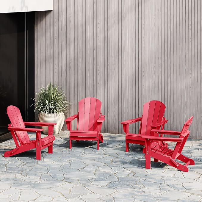 WestinTrends Malibu 4-Piece Set Outdoor Folding Poly Adirondack Chair, Red