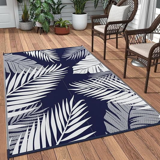 GENIMO Outdoor Rug 3' x 5' Waterproof for Patios Clearance, Reversible Outdoor Plastic Straw Camping Rug Carpet, Large Area Rugs Mats for RV, Camper, Deck, Balcony, Porch, Beach, Navy Blue&White