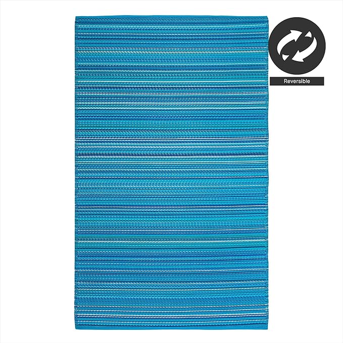 FH Home Outdoor Rug - Waterproof, Fade Resistant, Reversible - Premium Recycled Plastic - Striped - Patio, Deck, Porch, Balcony - Havana - Turquoise Crease Free - 5 x 8 ft