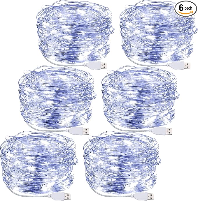 Macarrie 6 Pcs USB String Lights 33 ft 100 LED Fairy Lights Powered String for Christmas Indoor Outdoor Wedding Party Tree Home Festival Garden Decoration (Cool White)