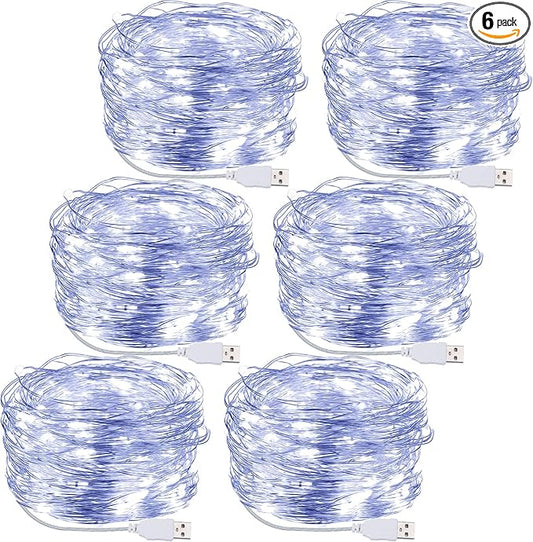 Macarrie 6 Pcs USB String Lights 33 ft 100 LED Fairy Lights Powered String for Christmas Indoor Outdoor Wedding Party Tree Home Festival Garden Decoration (Cool White)