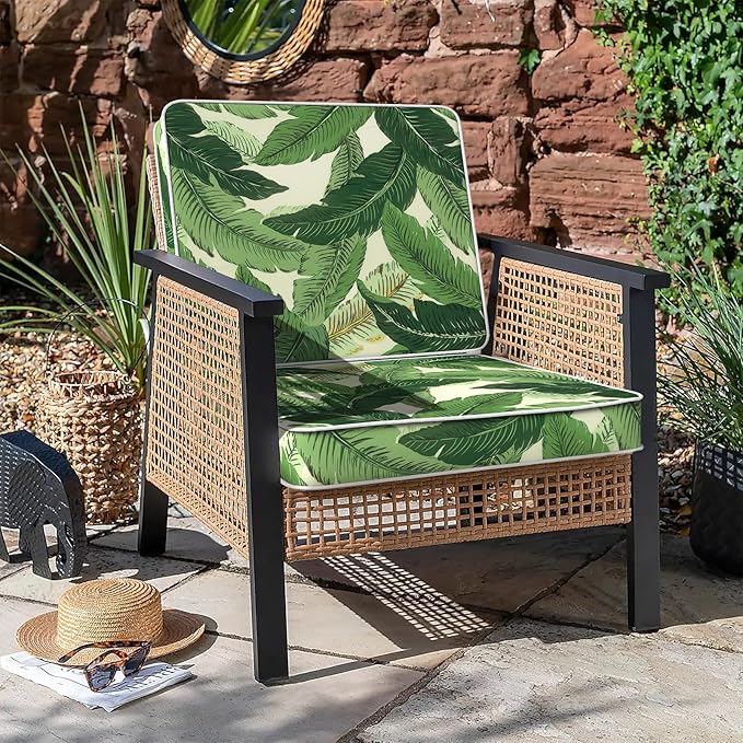 LVTXIII Patio Chair Cushions 22"x22"x3", Water-Repellent Outdoor Seat Cushions for Patio Furniture, Square Chair Pads with Ties for Home Garden Decoration, Set of 2, Swaying Palms Green