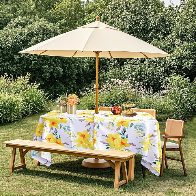 SquarePie Outdoor Indoor 60x84 inch Rectangle Tablecloth with Umbrella Hole and Zipper, Waterproof Patio Zippered Table Cloth Cover for Spring Summer Party Picnic,Yellow Flower