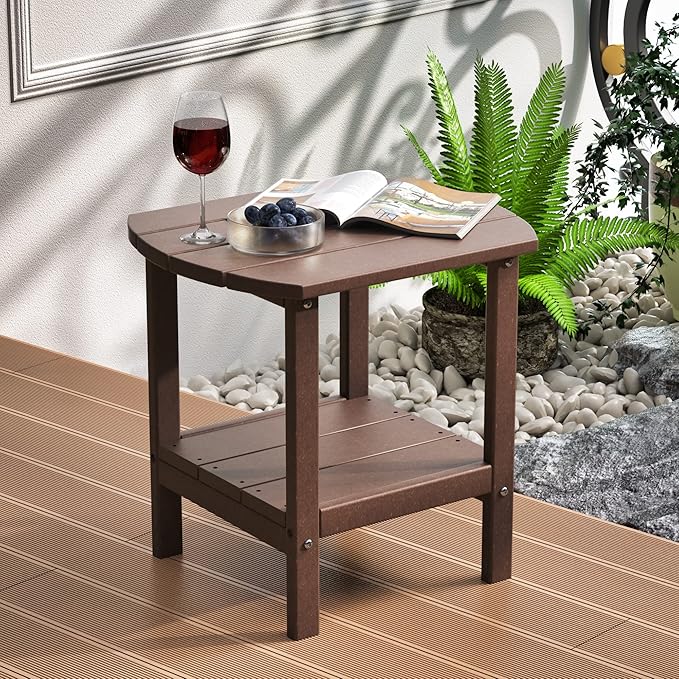 TORVA Patio Adirondack Side Table, Outdoor End Tables All-Weather Resistant HDPE Humidity-Proof Long Time Use for Deck, Lawn,Garden, Porch, Backyard End Table（Brown Color）(2 Tier)