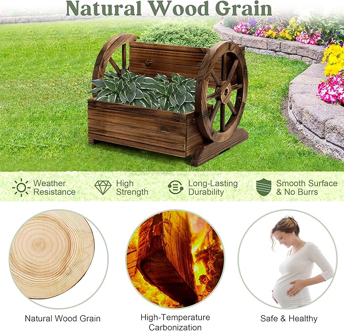 Wooden Wagon Planter Box, Garden Planter with Wheels,Decorative Planter for Flowers Herbs Vegetables for Indoor & Outdoor Décor, Flower Cart for Patio Garden Balcony