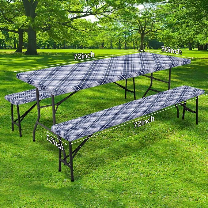 DYNH 3 Pcs Picnic Table Cover with Bench Covers, 8ft Waterproof Reusable Elastic Fitted Rectangle Picnic Table Cloths,30x96IN Blue Plaid Picnic Tablecloth for Camping Patio Travel Outdoor