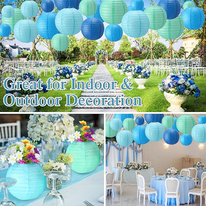 Treela 48 Pcs Paper Lanterns Party Decorations Chinese Round Paper Lanterns 4/6/8/10 Inch Asian Hanging Lamps Decorative for Birthday Party Supplies(Blue Series)