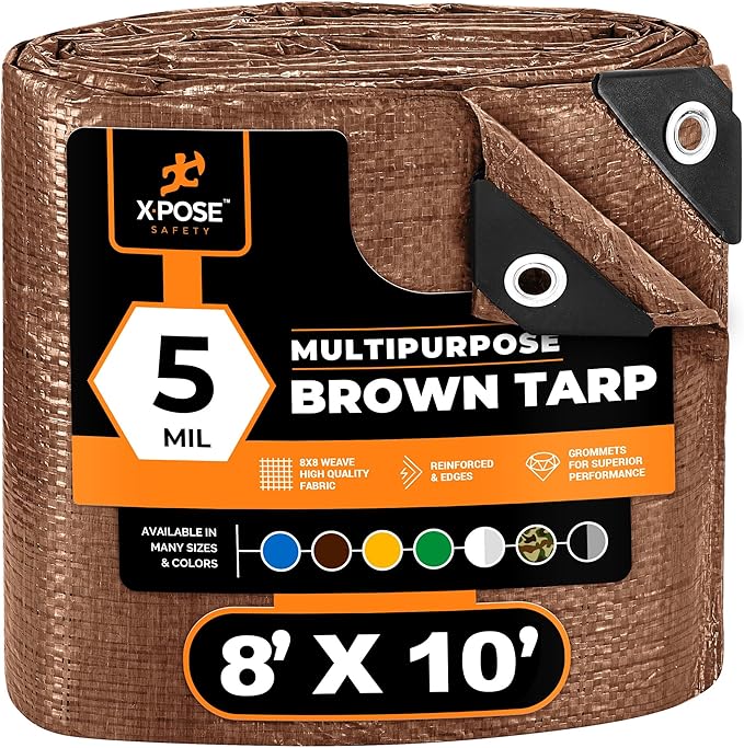 Multipurpose Protective Cover Brown Poly Tarp 8' x 10' - Durable, Water Resistant, Weather Resistant - 5 Mil Thick Polyethylene - by Xpose Safety - by Xpose Safety