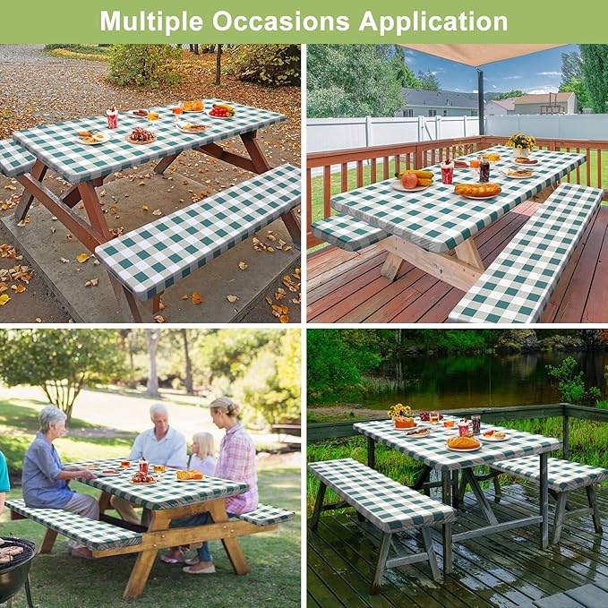 Picnic Table Cover with Bench Covers Camping Essentials Waterproof Windproof Camping Tablecloth with Drawstring Bag, Fitted Rectangle Tables and Seats, 72in, White Green Checkered
