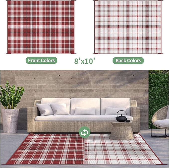 GENIMO Waterproof Outdoor Rug for Patio Clearance, 8'x10' Reversible Plastic Straw Rugs, Lightweight RV Camping Mat for Camper, Balcony, Deck, Backyard, Picnic, Red & White