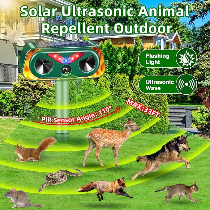 2025 Solar Animal Repellent Ultrasonic Cat Repellent Outdoor with Motion Sensor & Flashing Lights,Ultrasonic Control for Deer, Squirrel,Raccoon,Rabbit,Fox,Skunk Deterrent for Yard Garden,4 Pack