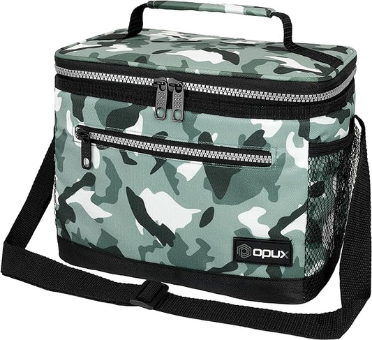 opux Insulated Lunch Box Men Women, Lunch Bag for Work School, Leakproof Soft Cooler Tote Adult, Large Lunch Pail Kids Boys Girls, Picnic Beach Food Bag with Shoulder Strap, Camo Green