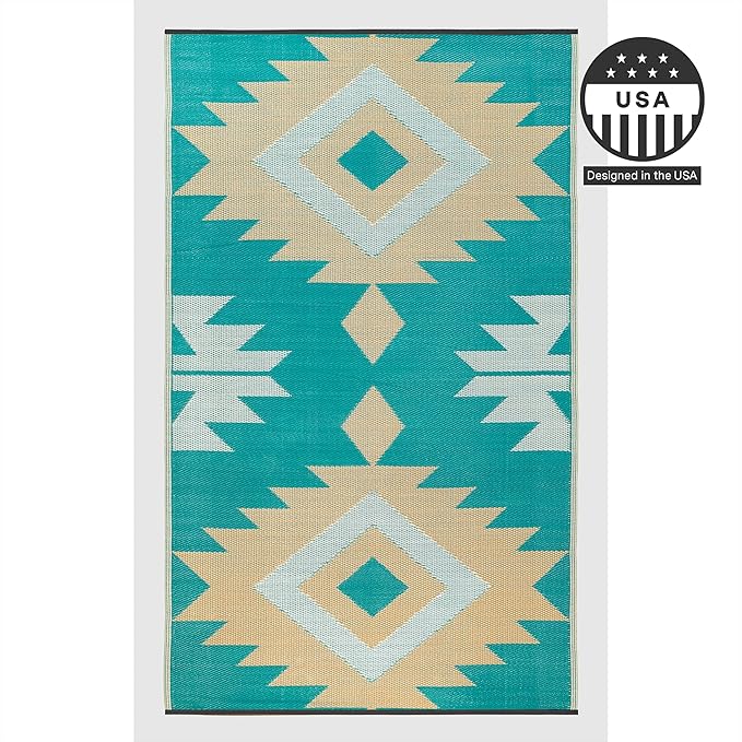 FH Home Outdoor Rug - Waterproof, Fade Resistant, Reversible - Premium Recycled Plastic - Geometric - Porch, Deck, Balcony, Mudroom, Laundry Room, Patio - Bursa Kilim - Teal Crease Free - 3 x 5 ft