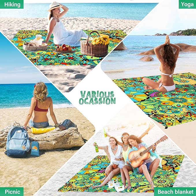 Beach Blanket Waterproof Sandproof 1-7 Adult Oversized 78 '' × 81 '' Lightweight Durable Compact Sand Free Beach Mat for Travel Camping Hiking Picnic Blanket Extra Large