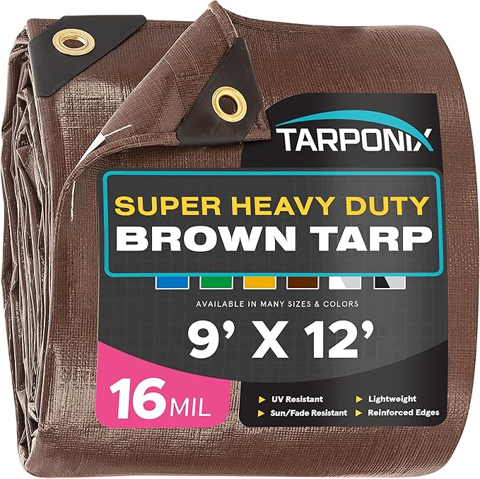 Super Heavy-Duty Brown Tarp 9' x 12' – 16 Mil Thick, All-Weather Waterproof Cover with Reinforced Edges and Sturdy Grommets