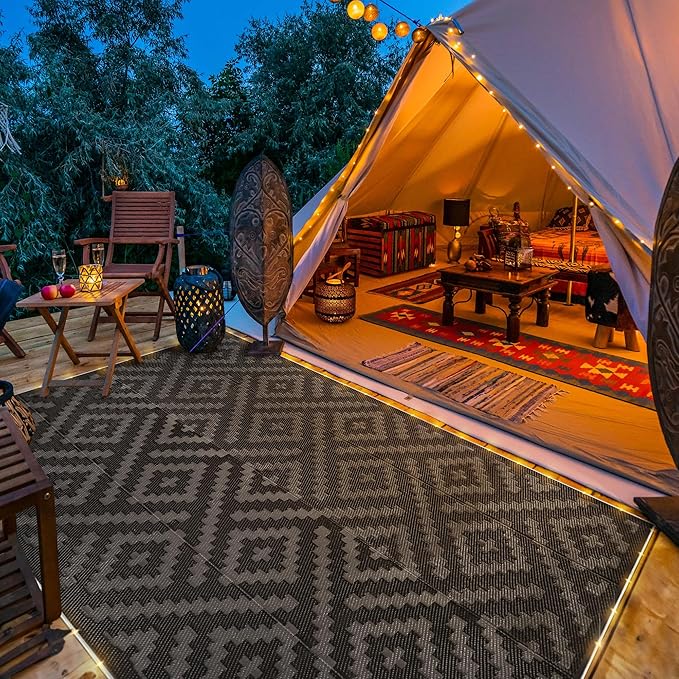 GENIMO Outdoor Rug with LED Strip Lights, 6'x9' Waterproof Camping Mat, Reversible Plastic Straw Rugs for Patio, RV, Camper, Balcony, Backyard, Picnic, Deck, Black & Gray