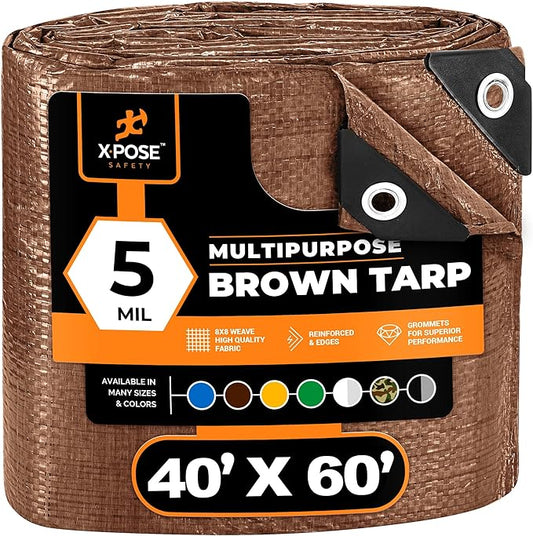 Multipurpose Protective Cover Brown Poly Tarp 40' x 60' - Durable, Water Resistant, Weather Resistant - 5 Mil Thick Polyethylene - by Xpose Safety