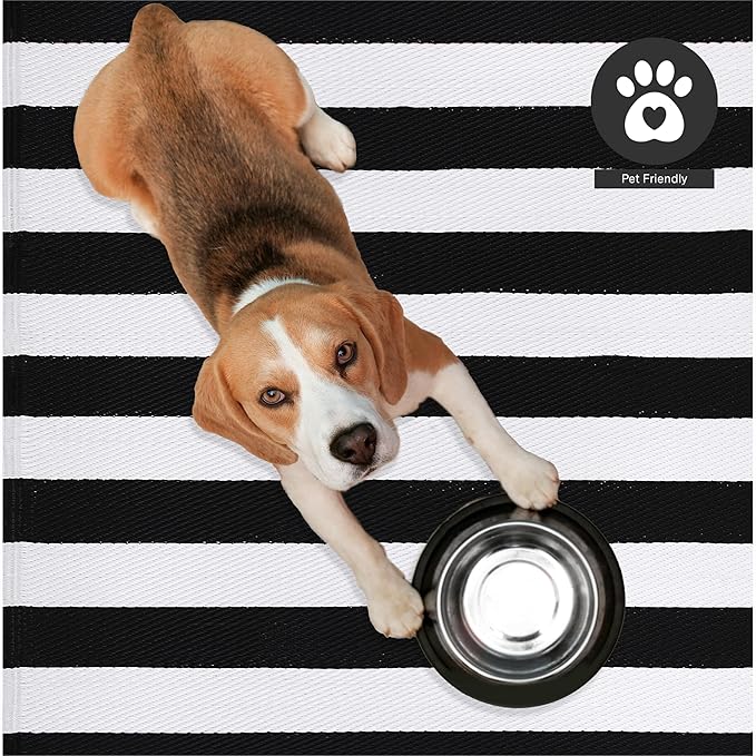 FH Home Outdoor Camping Rug - Waterproof, Fade Resistant, Reversible - Premium Recycled Plastic - Striped - Picnic, Patio, Deck, Sunroom, RV - Brittany Stripe - Black & White - 4 x 6 ft Foldable