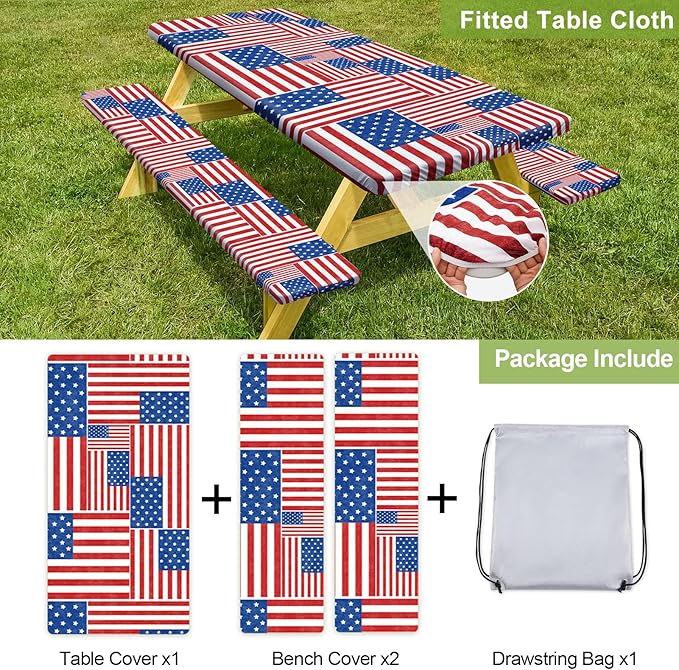 Picnic Table Cover with Bench Covers Camping Essentials Waterproof Windproof Camping Tablecloth with Drawstring Bag, Fitted Rectangle Tables and Seats, 96in, Red Blue White