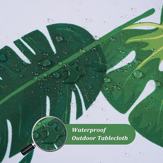 SquarePie 52'' Round Outdoor Tablecloth with Zipper and Umbrella Hole, Waterproof Spillproof Zippered Table Cloth Cover for Picnic Patio Family Gatherings, Palm Leaf