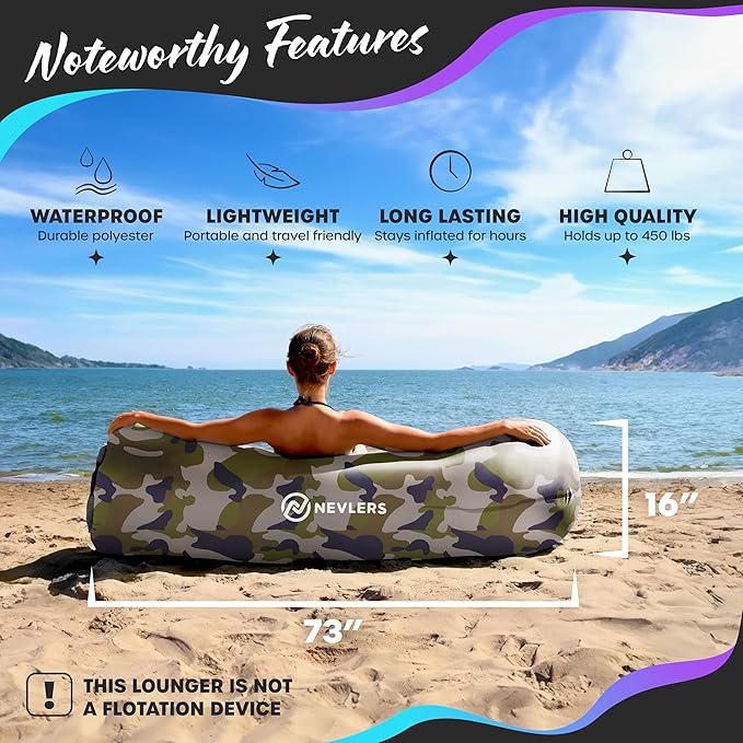 Nevlers Inflatable Lounger | 210T Polyester Inflatable Chair | No-Pump Blow Up Couch | Camping Couch Air Sofa Bed w/ 450 lbs. Cap., Pockets & Matching Bag | Use as Inflatable Couch for Adults & Kids