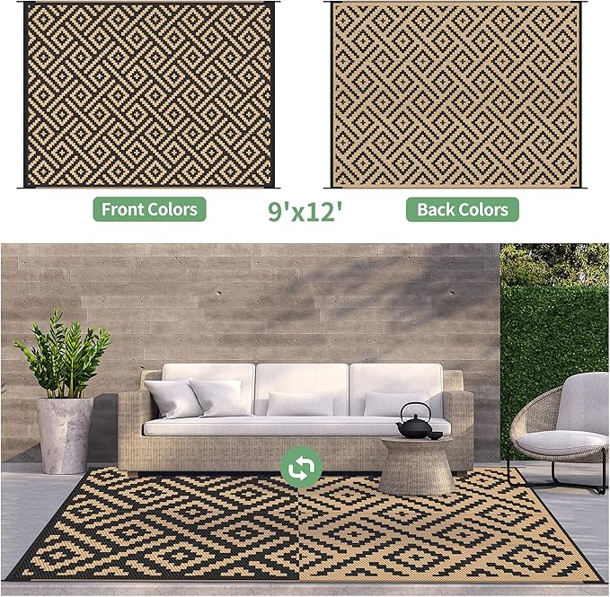 GENIMO Outdoor Rug for Patio Clearance,9'x12' Waterproof Large Mat,Reversible Plastic Camping Rugs,Rv,Porch,Deck,Camper,Balcony,Backyard (Black & Brown)