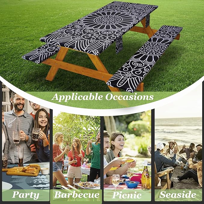 Picnic Table Cover with Bench Covers Vinyl Elastic Edges Fitted Rectangle Tables Seat Waterproof 3-Piece 96X30in Set Outdoor Rectangular Folding Backing Tablecloth Camping Over Size BlackMandala