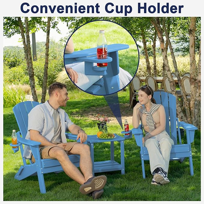 Folding Adirondack Chair Set of 4 with Cup Holder, SGS Tested, HDPE Heavy All-Weather,Wooden Textured,Backyard Fire Pit, Light Blue