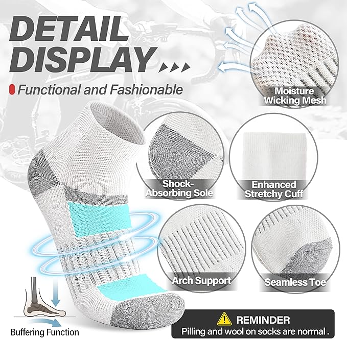 6 Pairs Merino Wool Ankle Running Hiking Socks Compression Support Breathable Thick Cushion No Show Socks for Women Men