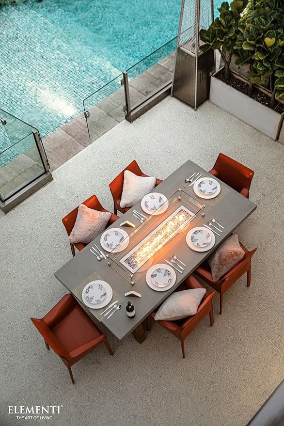Elementi | Sonoma Gas Fire Pit Cast Concrete Rectangular Dining Fire Table, Outdoor Fire Pit Electronic Ignition | Canvas Cover, Lava Rock Included | Natural Gas