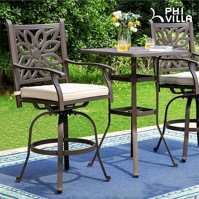 PHI VILLA Cast Aluminum Outdoor Patio Bar Tables, Outdoor Frosted Surface Square Bar Height Bistro Table - 42" Pub Height