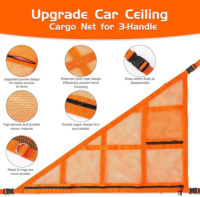 Kaskawise 3 Handles Car Ceiling Cargo Net for Inside Car Roof,Interior Mesh Storage,Truck SUV Travel Long Road Trip Camping Interior Accessories 35.4"x25.6",Orange