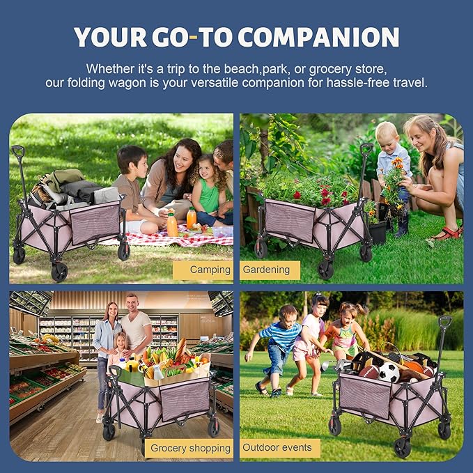 Collapsible Folding Wagon Cart, 220LBS Heavy Duty Foldable Utility Garden Cart with All Terrain Wheels & Side Storage Bag, Portable Sports Wagon for Camping, Shopping, Garden. (Pink)
