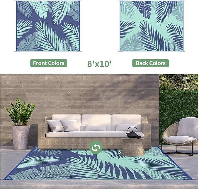 GENIMO Outdoor Rug 8' x 10' Waterproof for Patios Clearance, Reversible Outdoor Plastic Straw Camping Rug Carpet, Large Area Rugs Mats for RV, Camper, Deck, Balcony, Porch, Beach Royal Blue&Blue Green
