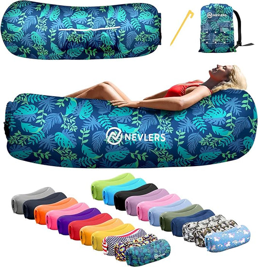 Nevlers Inflatable Lounger | 210T Polyester Inflatable Chair | No-Pump Blow Up Couch | Camping Couch Air Sofa Bed w/ 450 lbs. Cap., Pockets & Matching Bag | Use as Inflatable Couch for Adults & Kids