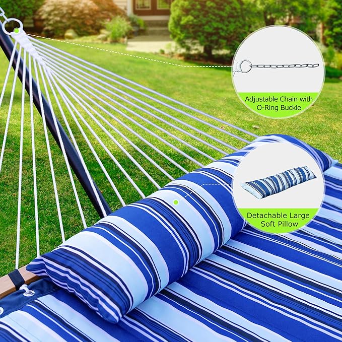 Double Hammock with Stand for Outdoor, Heavy Duty Portable Hammock with Adjustable Steel Stand for Patio, Garden, Beach, Backyard - Includes Carrying Bag,Blue