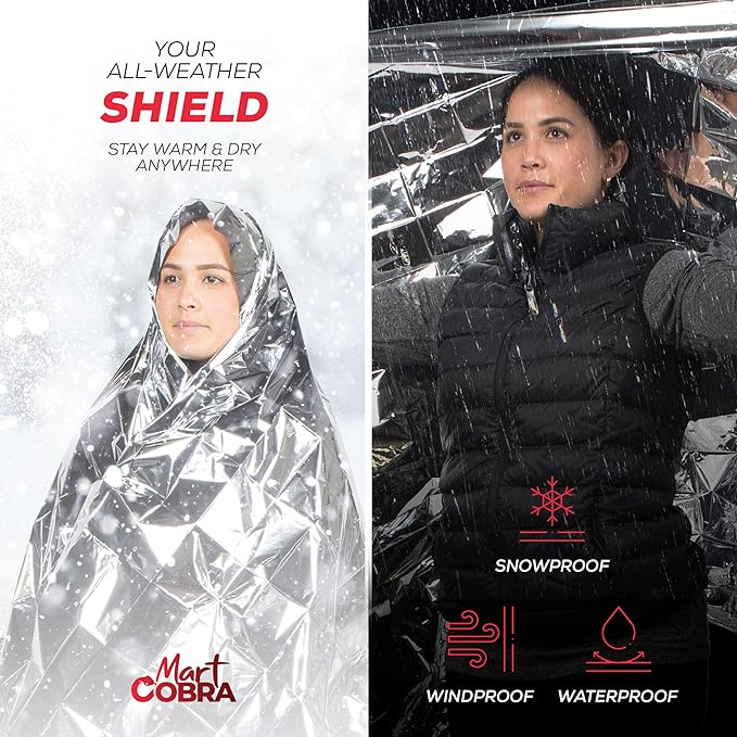 Mart Cobra Emergency Blanket 100-Pack | Reflective Thermal Blanket | Survival Gear | Lightweight Mylar Blankets | Retains 90% Body Heat | Essential for Camping, First Aid, Homeless Care Package Bulk