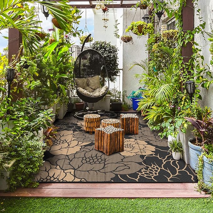 GENIMO Outdoor Rug Waterproof for Patio Decor, 8' x 10' Reversible Plastic Straw Floral Camping Carpet, Large Area Rugs Mats for RV, Camper, Deck, Balcony, Porch, Beach, Picnic, Mix-Black & Brown