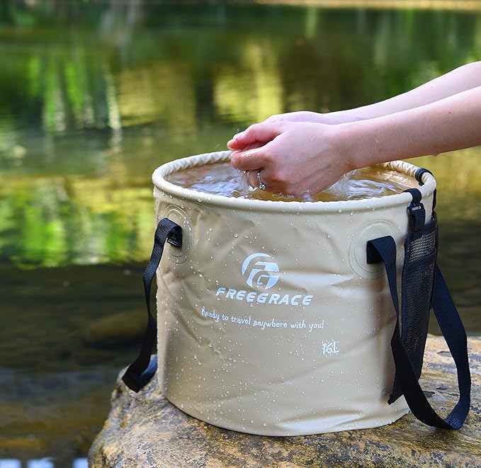 Premium Collapsible Bucket by Freegrace - Compact Portable Folding Water Container - Lightweight & Durable - Includes Handy Tool Mesh Pocket