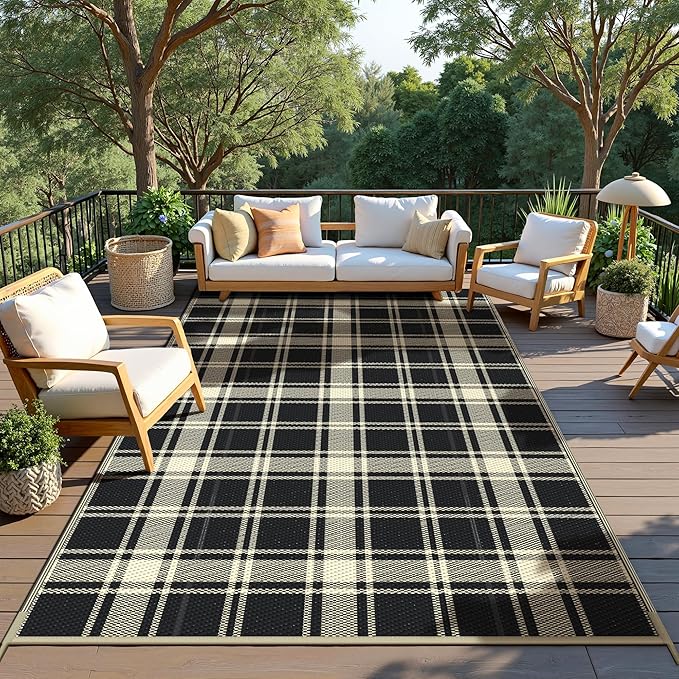 GENIMO Waterproof Outdoor Rug for Patio Clearance, 8'x10' Reversible Plastic Straw Rugs, Lightweight RV Camping Mat for Camper, Balcony, Deck, Backyard, Picnic, Black & Beige