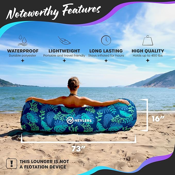 Nevlers Inflatable Lounger | 210T Polyester Inflatable Chair | No-Pump Blow Up Couch | Camping Couch Air Sofa Bed w/ 450 lbs. Cap., Pockets & Matching Bag | Use as Inflatable Couch for Adults & Kids
