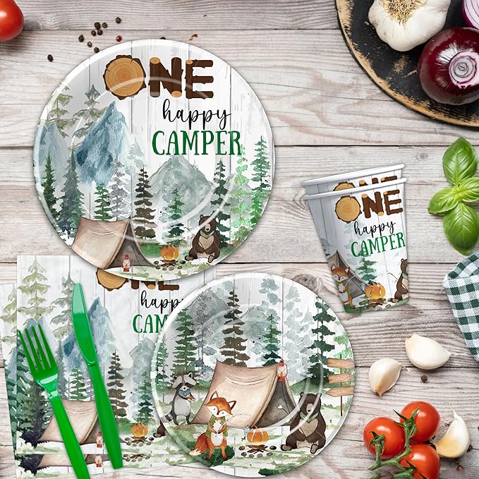 Camping Party Decorations Supplies For 1st Birthday, Adventure Camping Theme One Happy Camper Birthday Decorations Tableware, Paper Plate, Cup, Napkin, Tablecloth, Cutlery | Serves 24