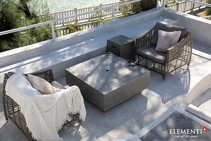 Elementi+ | Bundle Victoria Gas Fire Pit Cast Concrete 40" Square Fire Table, Outdoor Fire Pit Electronic Ignition | Canvas Cover, Fire Glass and Burner Lid Included | Light Gray | Natural Gas