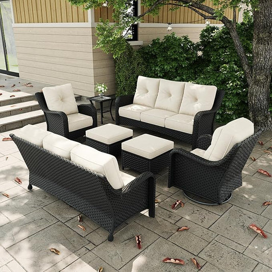 7 Pieces Outdoor Patio Furniture Sets with Rocking Swivel Chairs with 6-inch Thick Cushion and Side Table for Deck Lawn