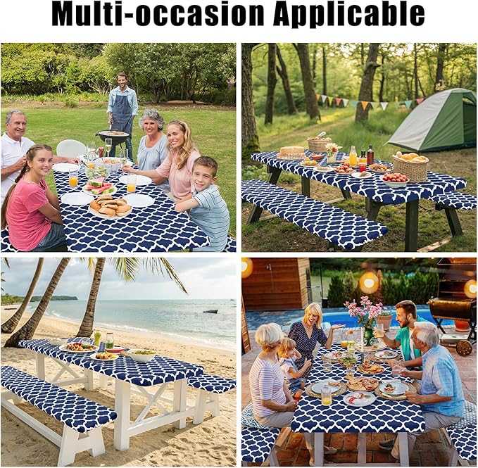 Smiry Picnic Table Cover with Bench Covers, Waterproof Elastic Fitted Tablecloth for 6 Foot Tables, Washable Polyester Tablecloths for Camping, Indoor & Outdoor (Navy Morocco, 30x72 Inch 3-pc Set)