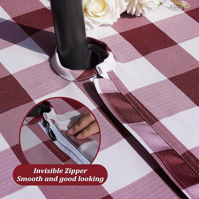 SquarePie Buffalo Checked Outdoor Tablecloth Round 52 Inch Waterproof Zippered Table Cloth Cover for for Patio Picnic Garden Party, Burgundy Red Checkered