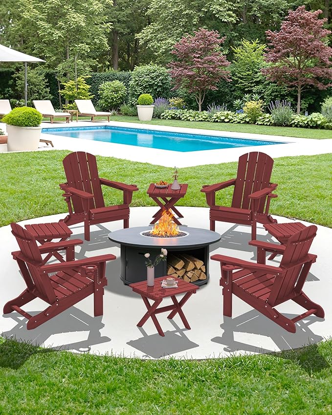 SERWALL Folding Adirondack Side Table, HDPE Small Outdoor Table, No Assembly Required End Table for Backyard Pool Porch Garden Lawn, Red